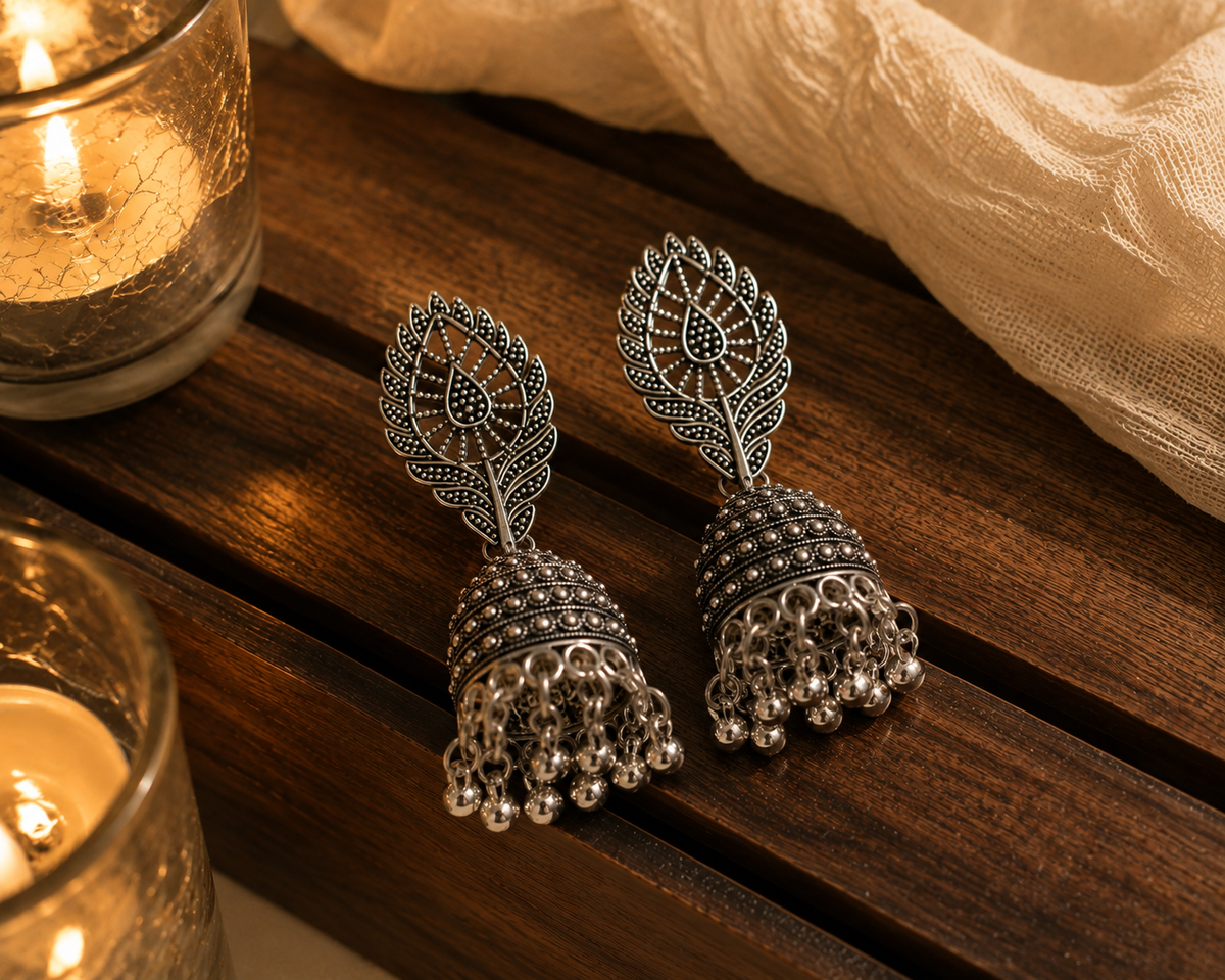 Leaf Jhumka Oxidized Earrings