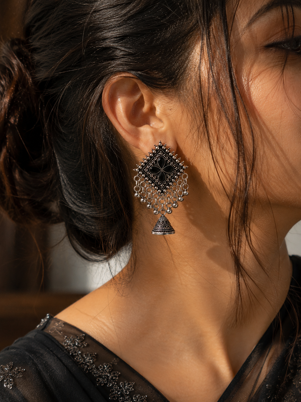 Midnight Bloom Oxidised Statement Earrings