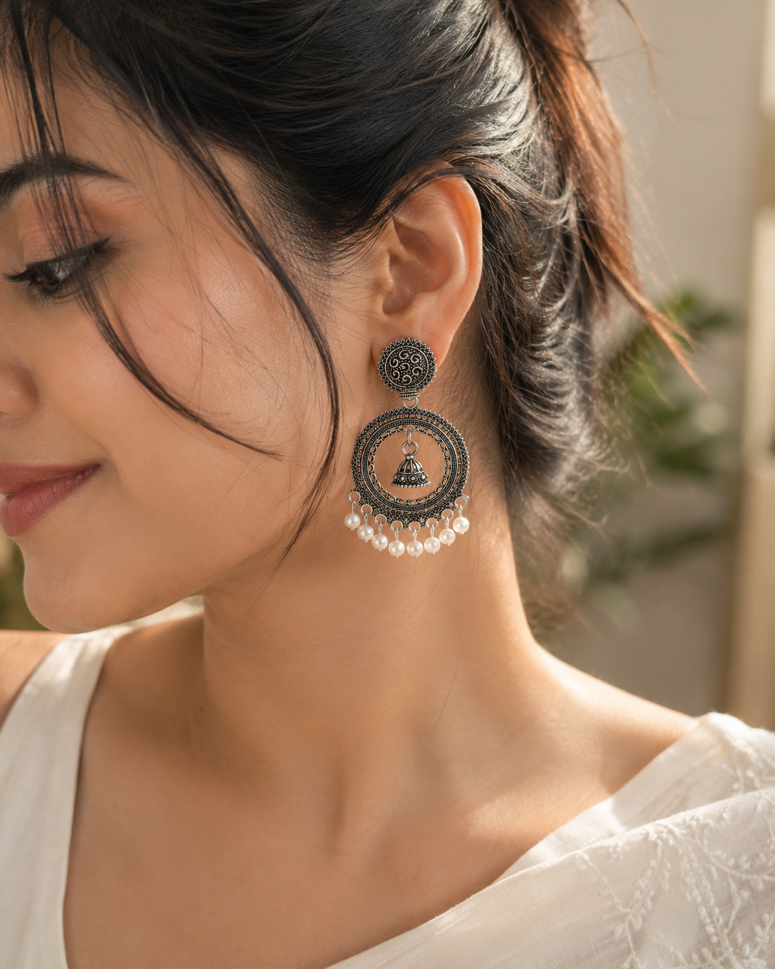 Oxidised Pearl Jhumki Statement Earrings