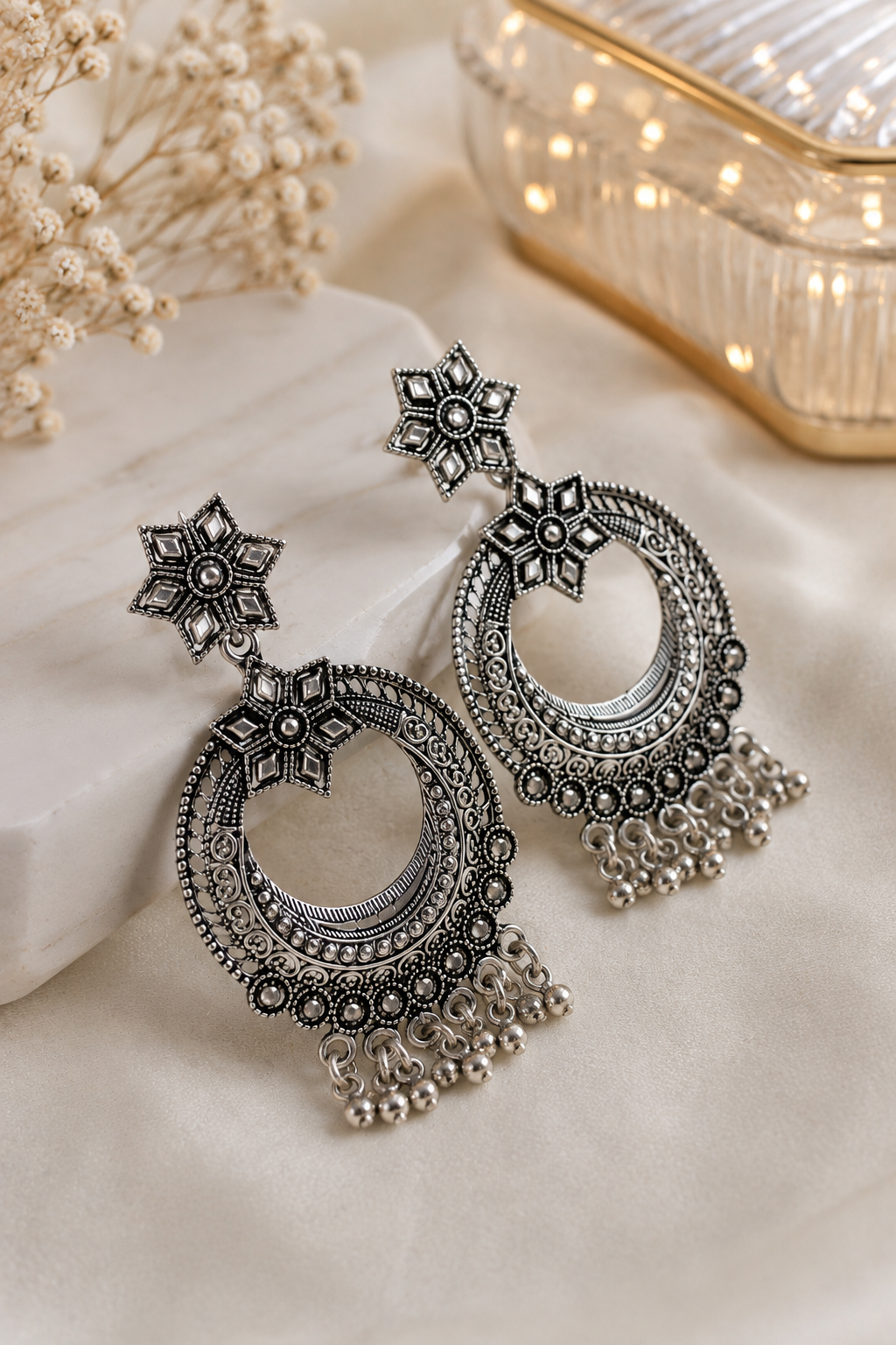 Oxidised Floral Chandbali Earrings