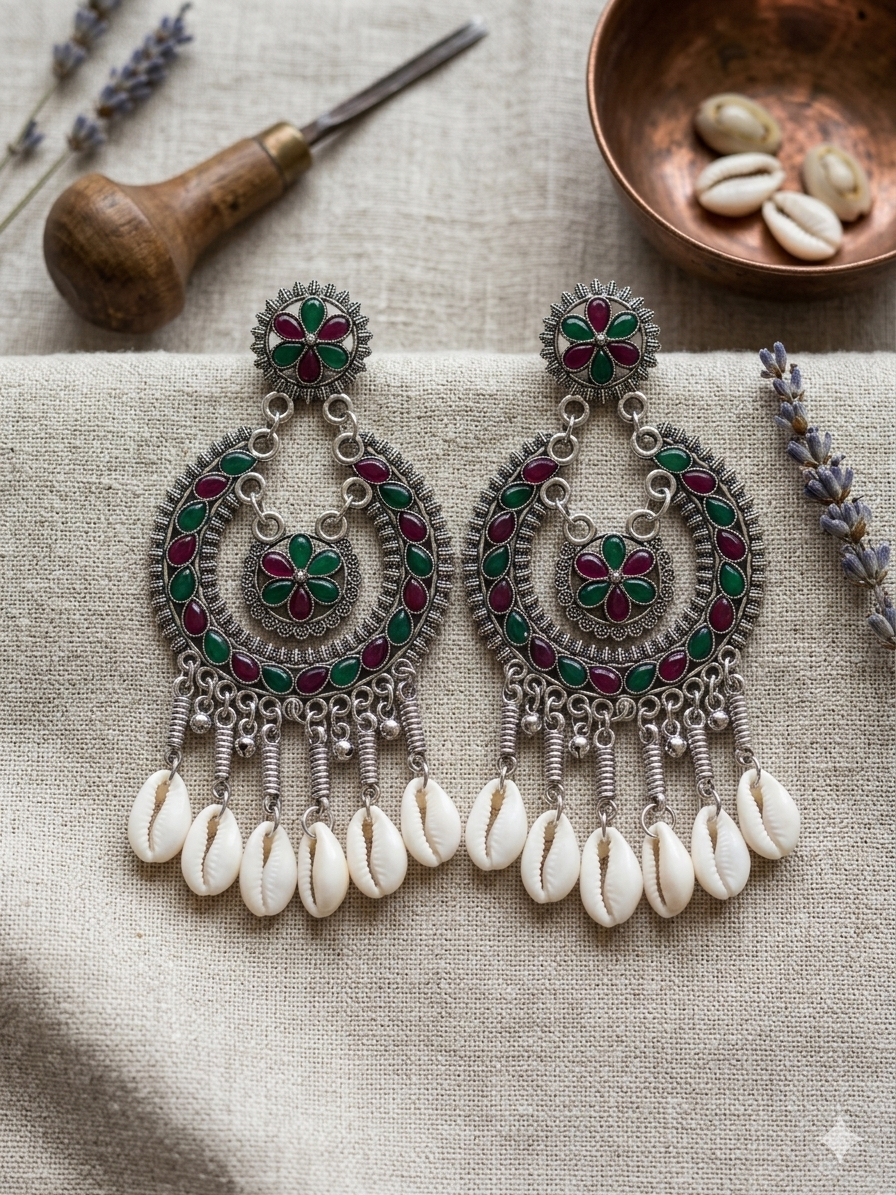 Multicolour Enamel Shell Chandbali Earrings