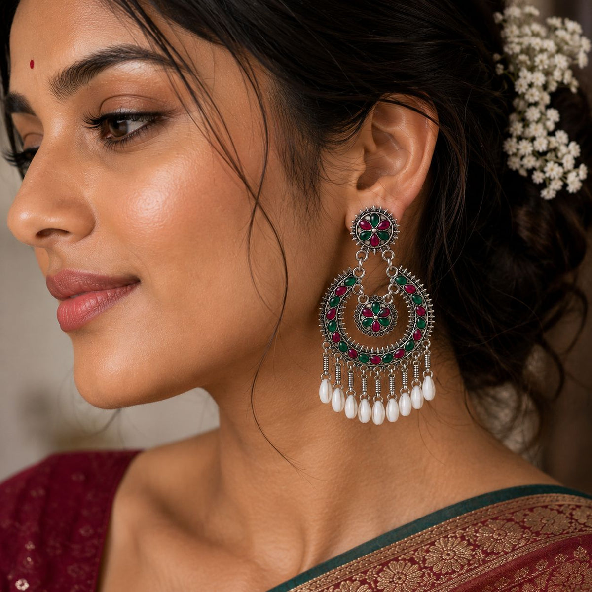 Multicolour Enamel Shell Chandbali Earrings