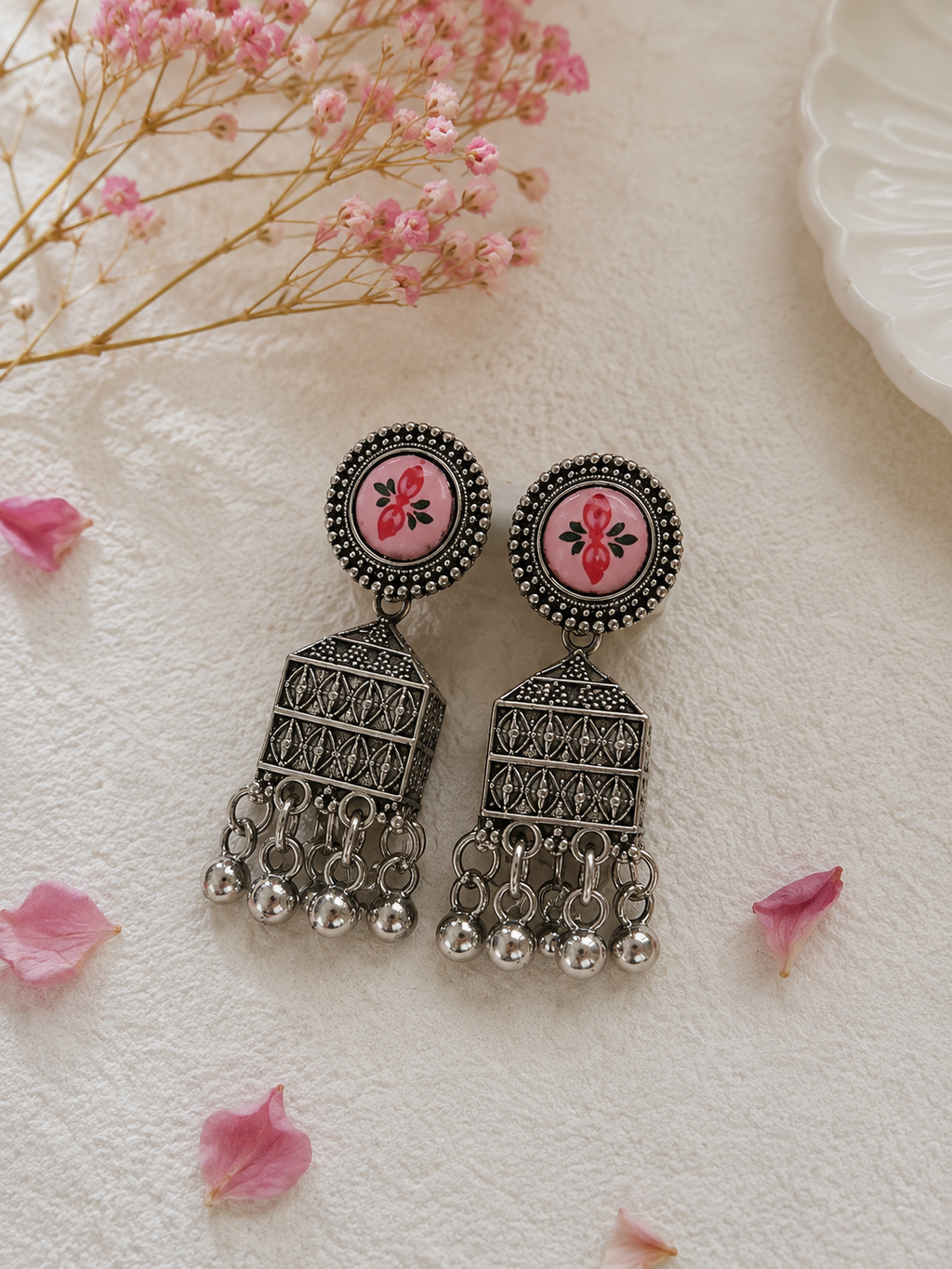Pink Floral Oxidised Jhumka Earrings