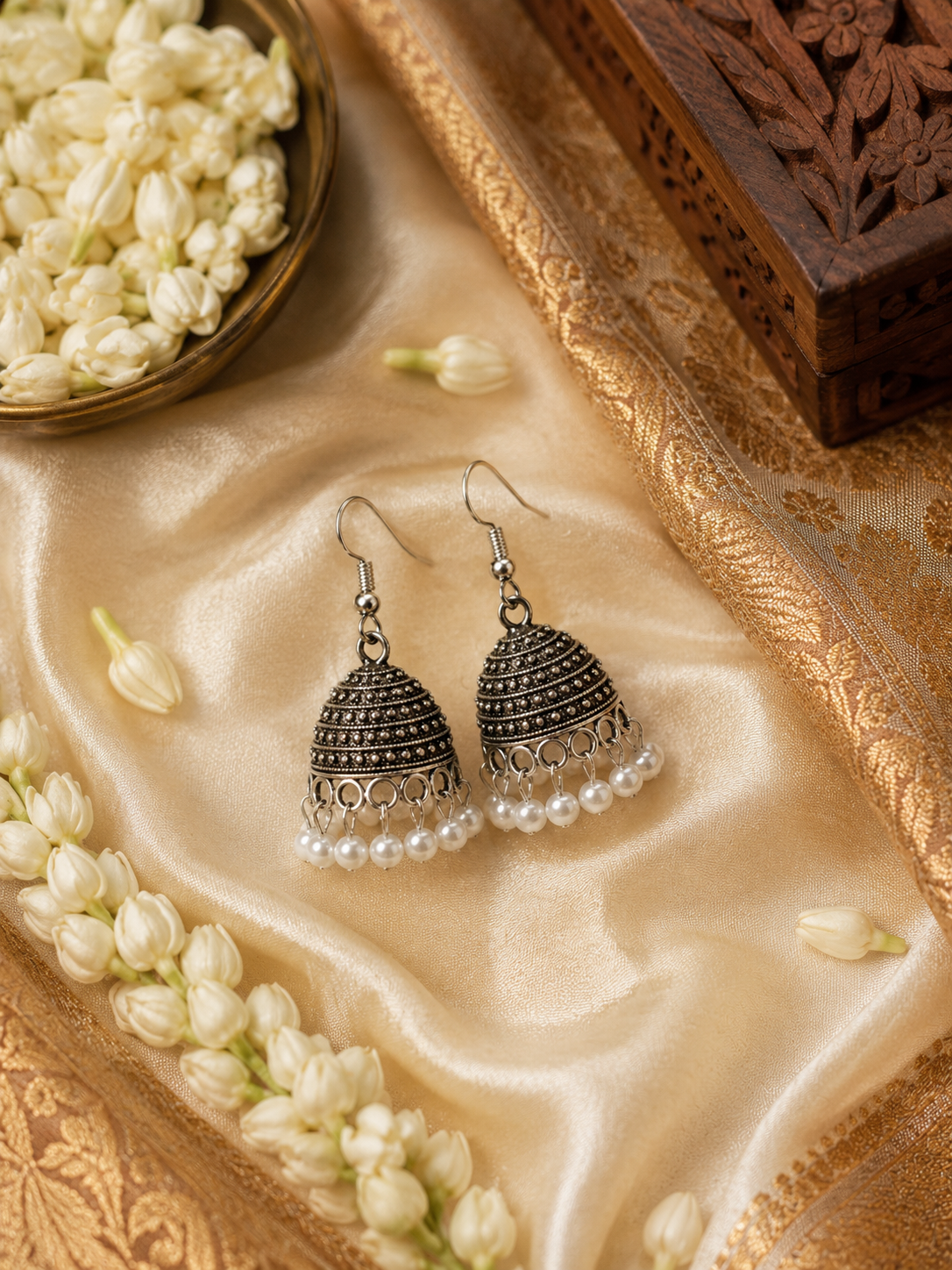 Pearl Drop Oxidised Jhumka Earrings