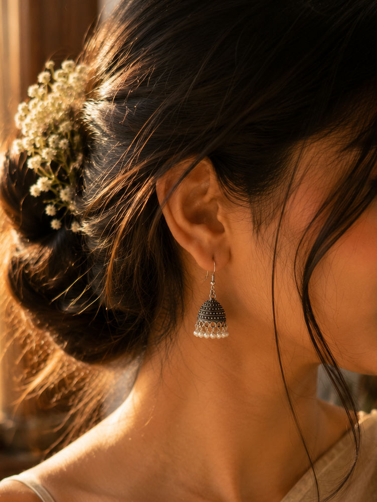 Pearl Drop Oxidised Jhumka Earrings