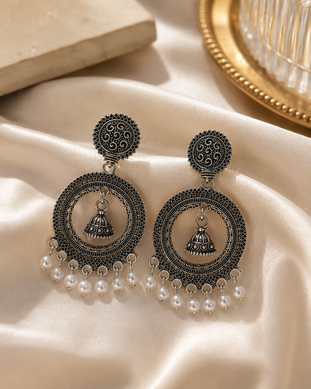 Oxidised Pearl Jhumki Statement Earrings
