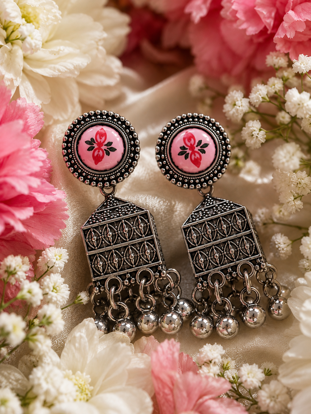 Pink Floral Oxidised Jhumka Earrings