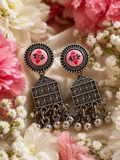 Pink Floral Oxidised Jhumka Earrings