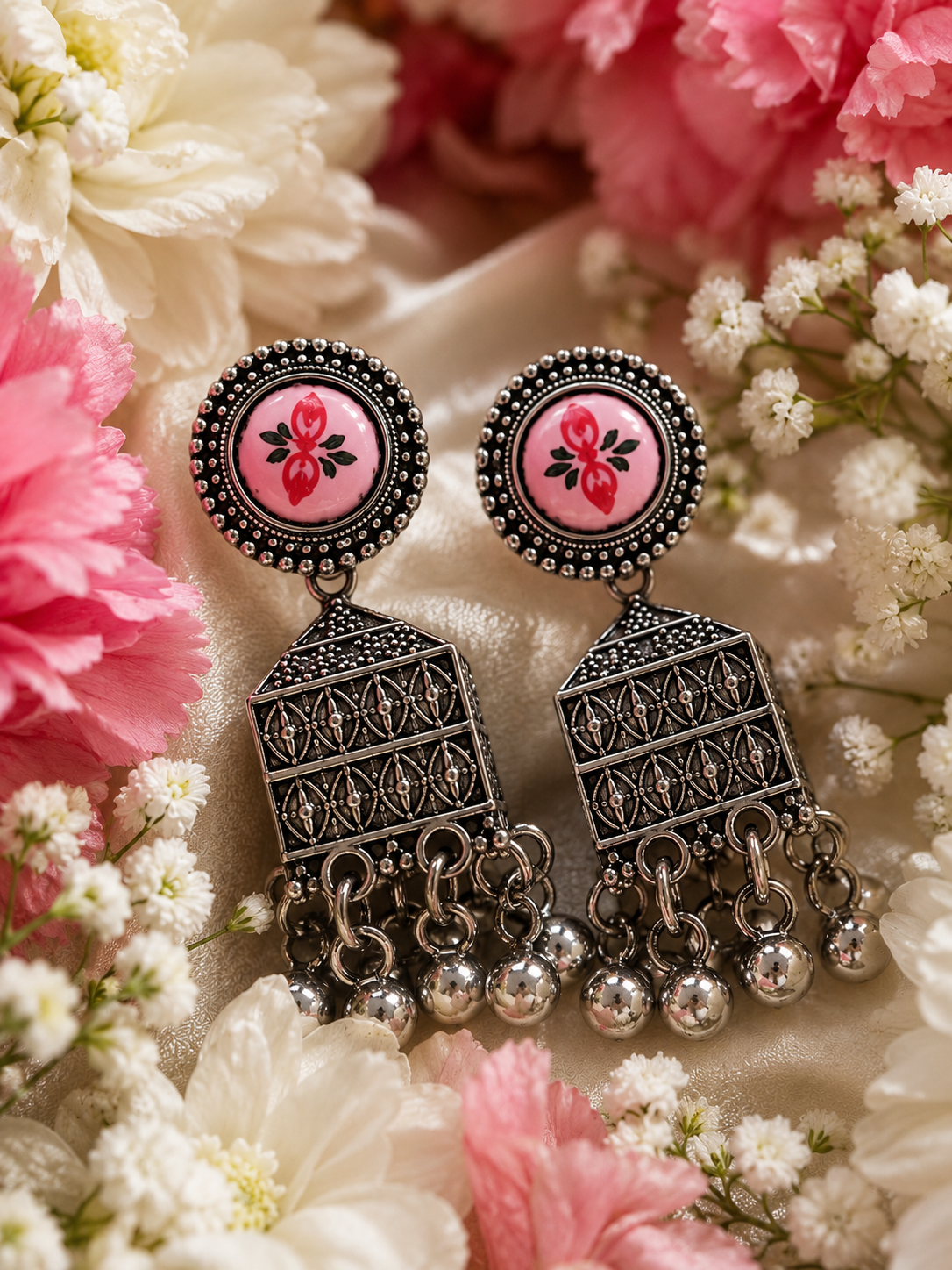 Pink Floral Oxidised Jhumka Earrings