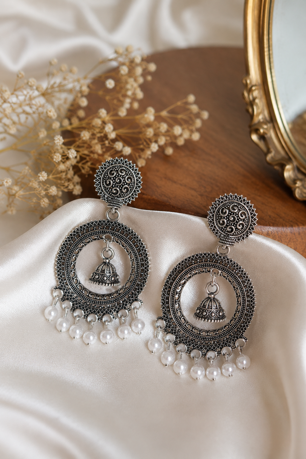 Oxidised Pearl Jhumki Statement Earrings