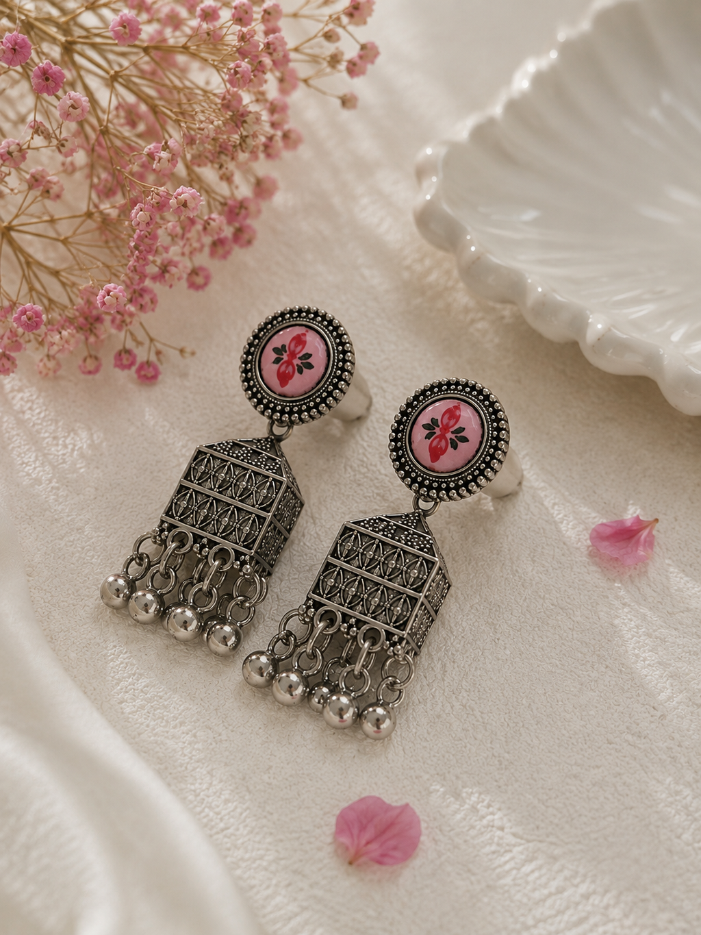 Pink Floral Oxidised Jhumka Earrings