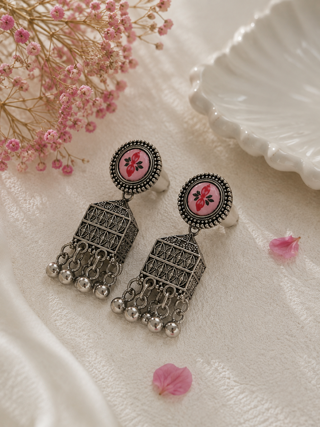 Pink Floral Oxidised Jhumka Earrings