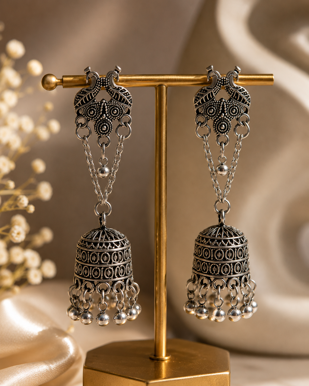 Vintage Peacock Chain Jhumka Earrings