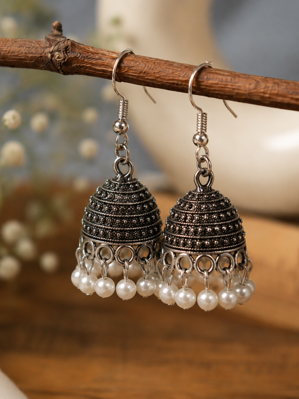 Pearl Drop Oxidised Jhumka Earrings