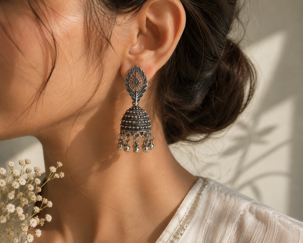 Leaf Jhumka Oxidized Earrings