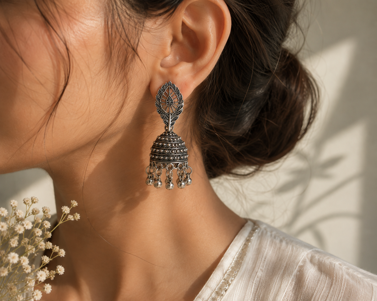 Leaf Jhumka Oxidized Earrings