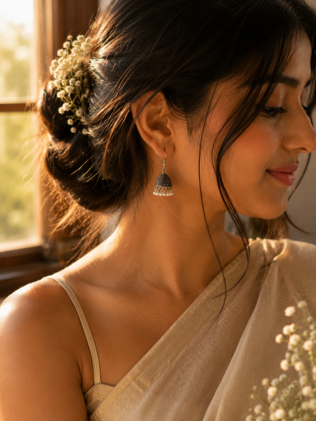 Pearl Drop Oxidised Jhumka Earrings