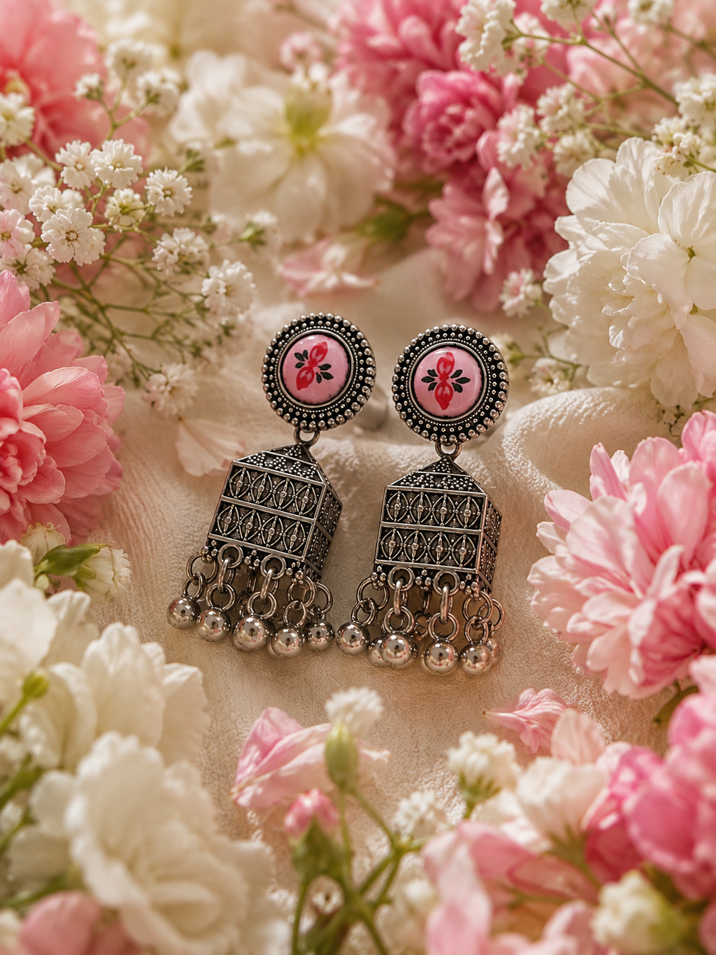 Pink Floral Oxidised Jhumka Earrings
