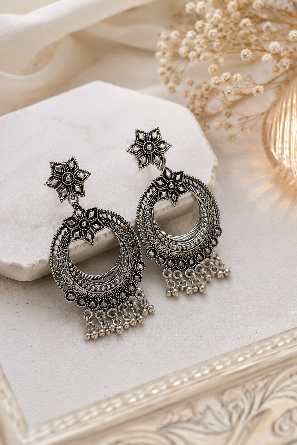 Oxidised Floral Chandbali Earrings