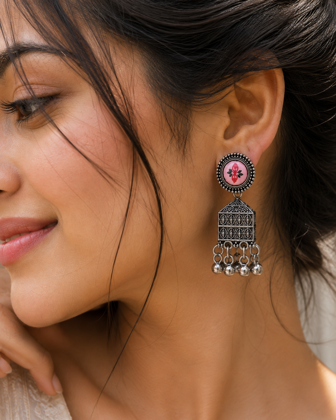 Pink Floral Oxidised Jhumka Earrings