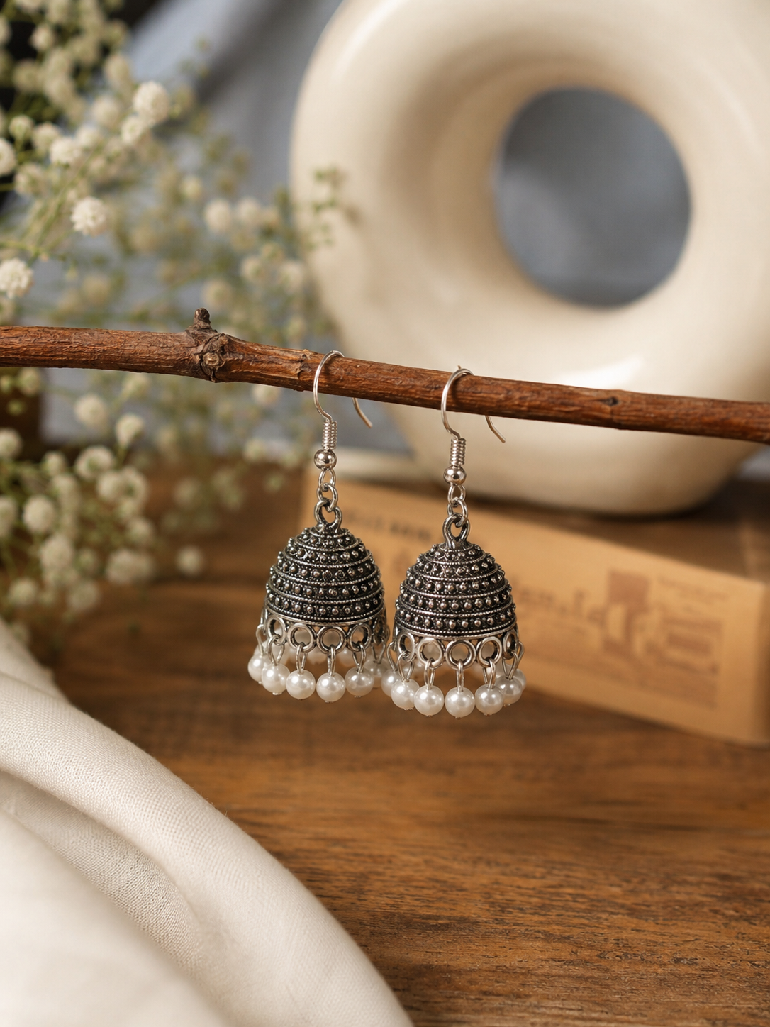 Pearl Drop Oxidised Jhumka Earrings