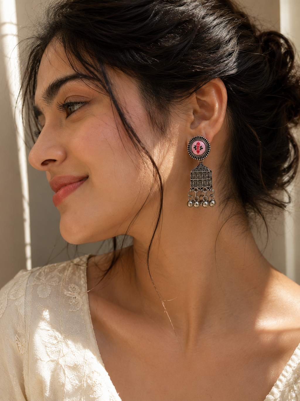 Pink Floral Oxidised Jhumka Earrings