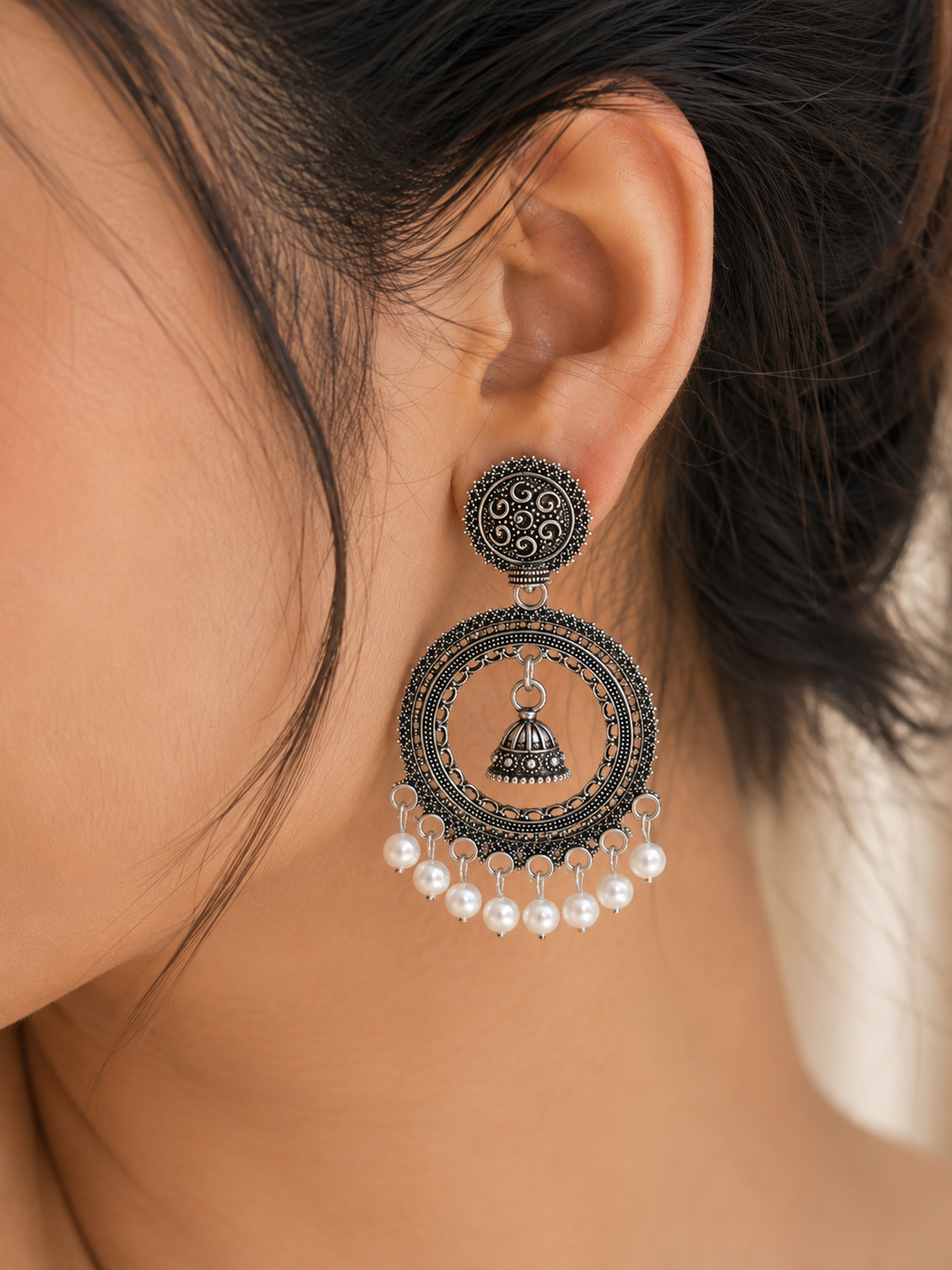Oxidised Pearl Jhumki Statement Earrings