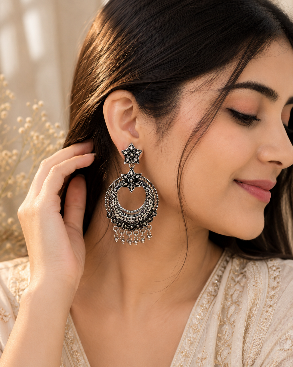 Oxidised Floral Chandbali Earrings