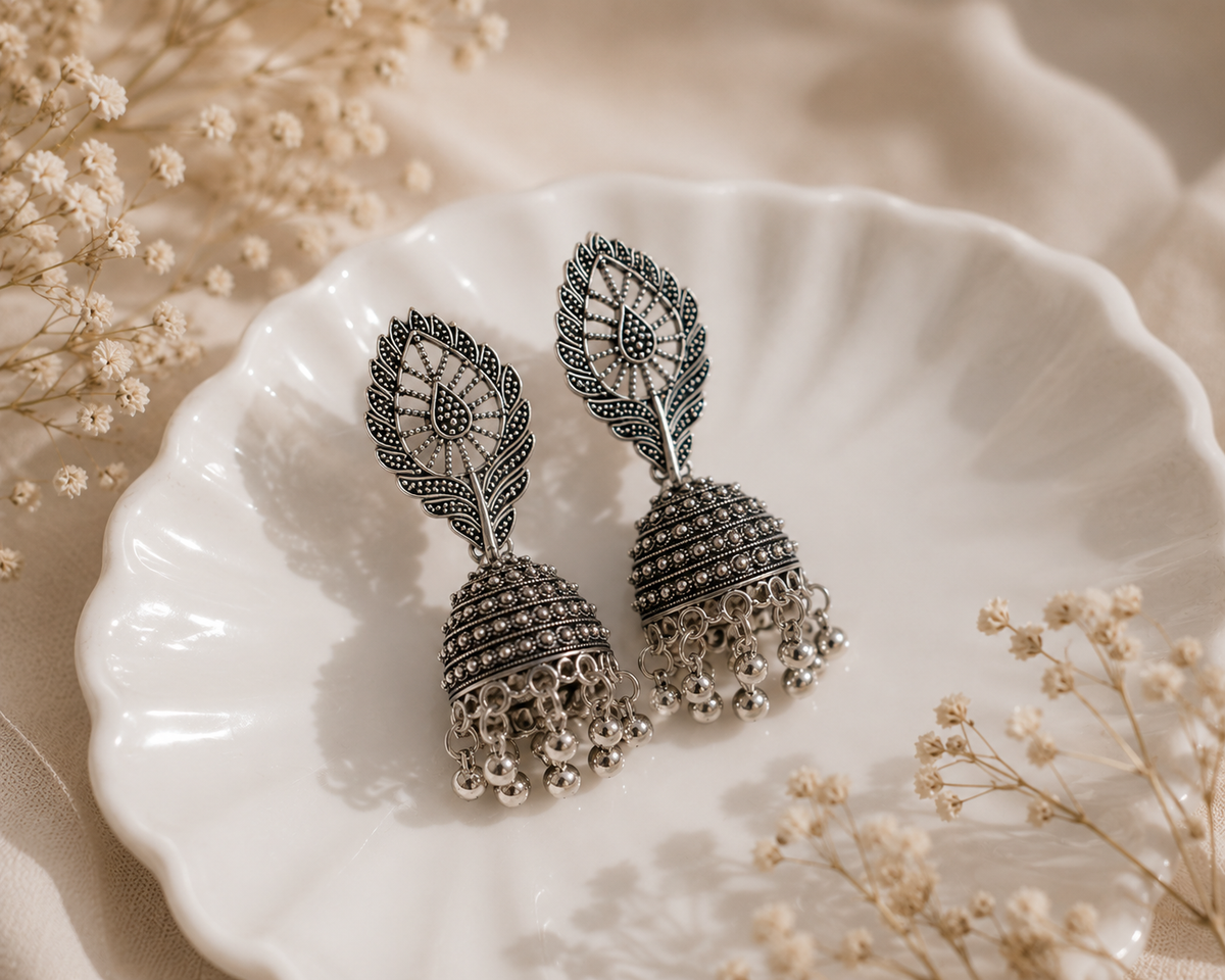 Leaf Jhumka Oxidized Earrings