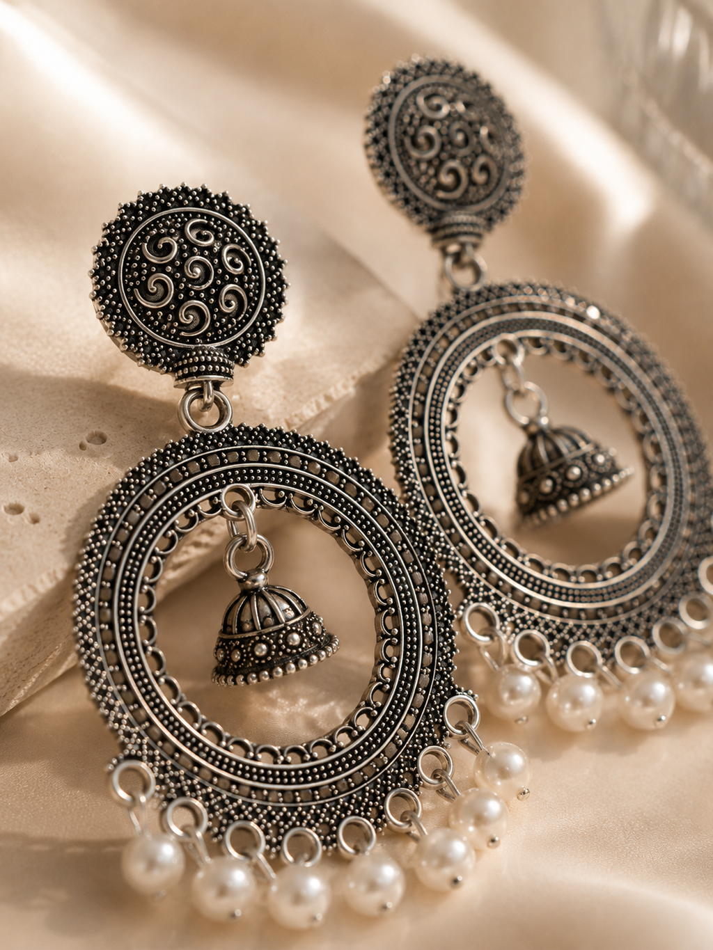 Oxidised Pearl Jhumki Statement Earrings